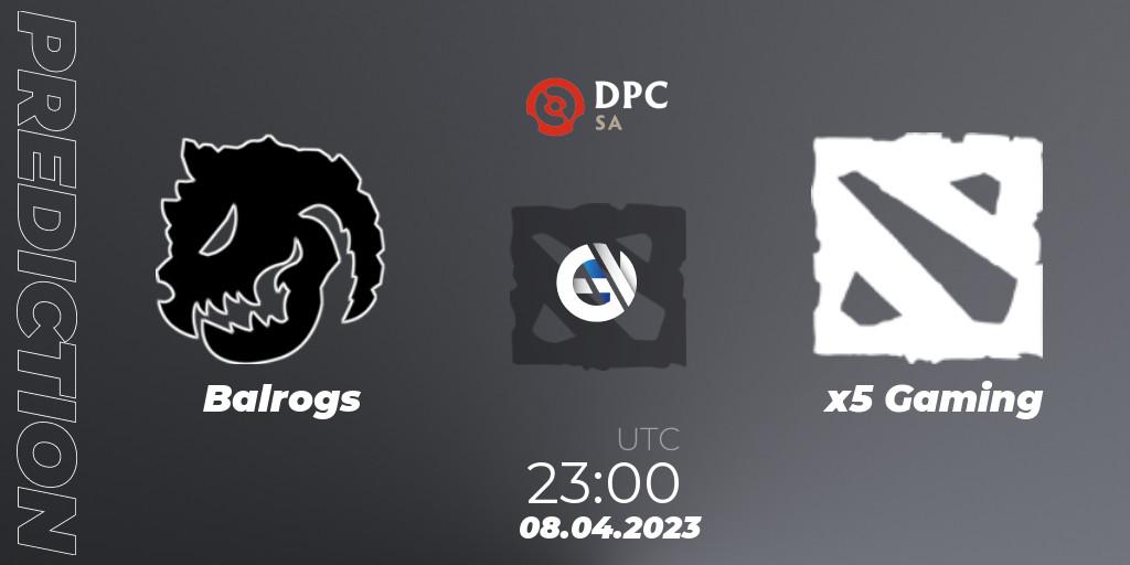 Balrogs contre x5 Gaming : prédiction de match. 08.04.2023 at 23:40. Dota 2, DPC 2023 Tour 2: SA Division II (Lower)
