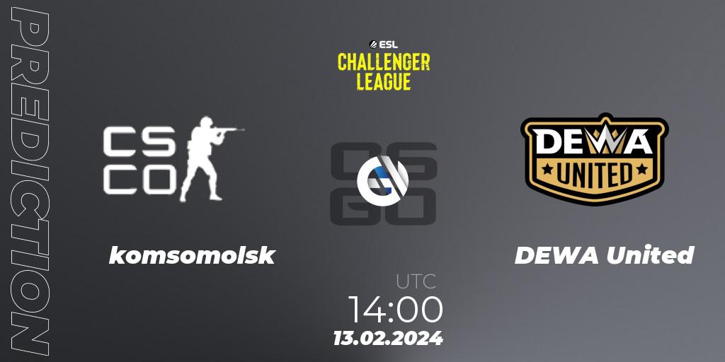 komsomolsk contre DEWA United : prédiction de match. 13.02.2024 at 14:00. Counter-Strike (CS2), ESL Challenger League Season 47: Asia