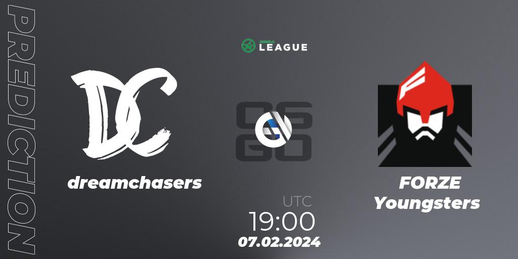 dreamchasers contre FORZE Youngsters : prédiction de match. 07.02.2024 at 19:00. Counter-Strike (CS2), ESEA Season 48: Advanced Division - Europe