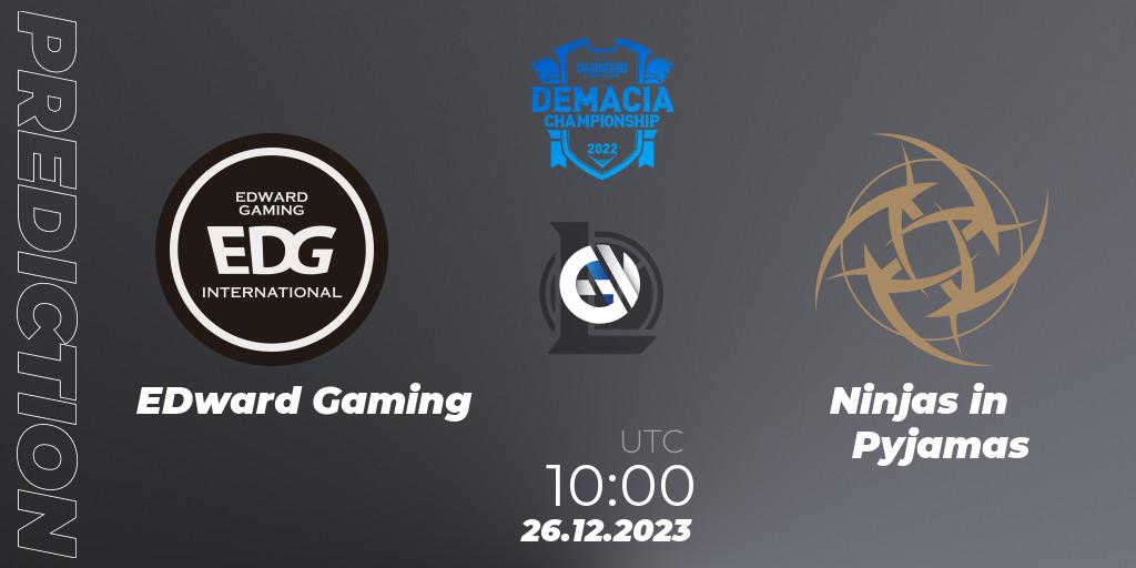 EDward Gaming contre Ninjas in Pyjamas : prédiction de match. 26.12.2023 at 10:00. LoL, Demacia Cup 2023 Group Stage