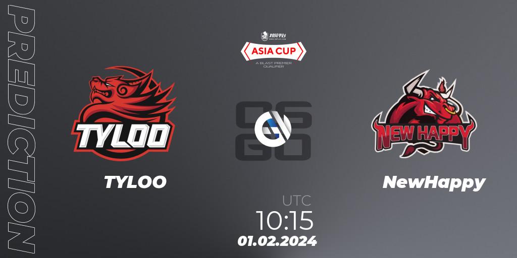 TYLOO contre NewHappy : prédiction de match. 01.02.2024 at 10:30. Counter-Strike (CS2), 5E Arena Asia Cup Spring 2024 - BLAST Premier Qualifier
