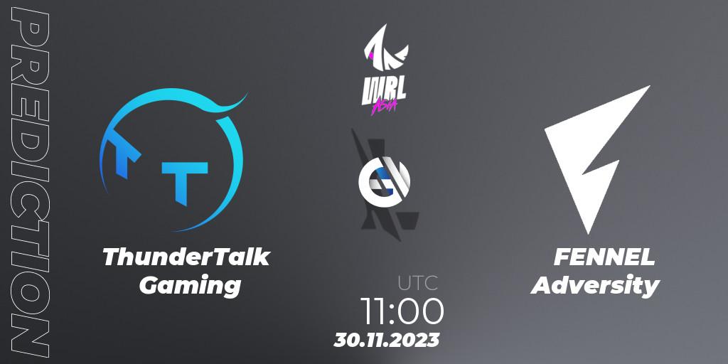 ThunderTalk Gaming contre FENNEL Adversity : prédiction de match. 30.11.2023 at 11:00. Wild Rift, WRL Asia 2023 - Season 2 - Regular Season
