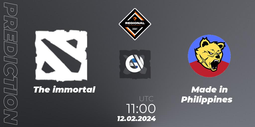 The immortal contre Made in Philippines : prédiction de match. 12.02.2024 at 13:00. Dota 2, RES Regional Series: SEA #1