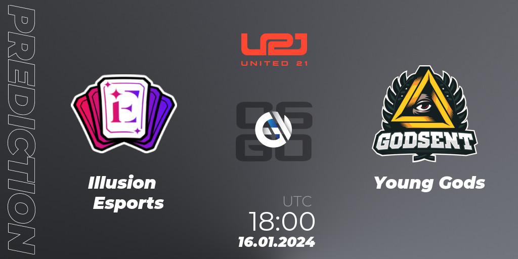 Illusion Esports contre Young Gods : prédiction de match. 16.01.2024 at 18:00. Counter-Strike (CS2), United21 Season 10: Division 2