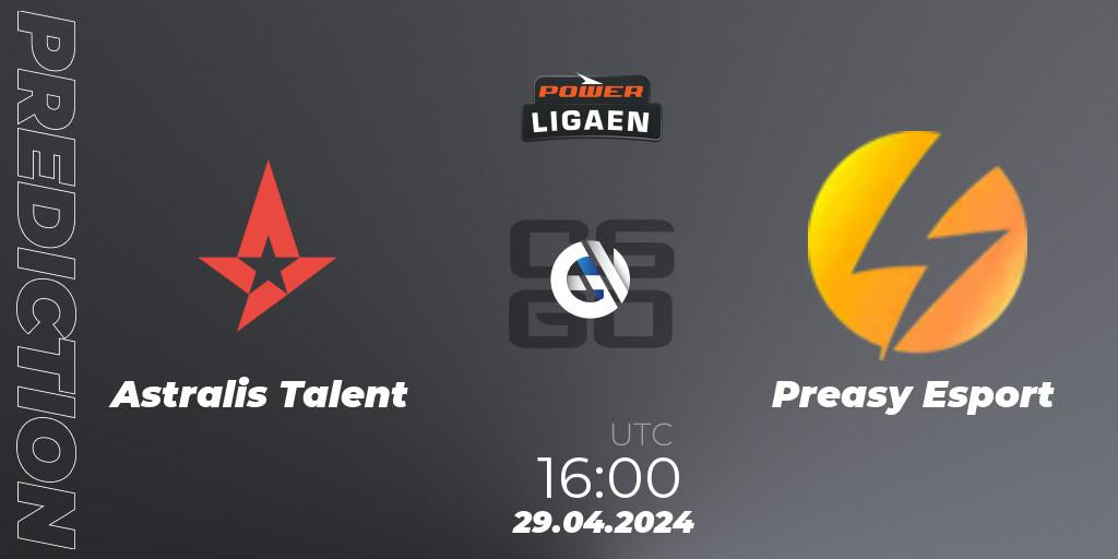 Astralis Talent contre Preasy Esport : prédiction de match. 29.04.2024 at 16:00. Counter-Strike (CS2), Dust2.dk Ligaen Season 26