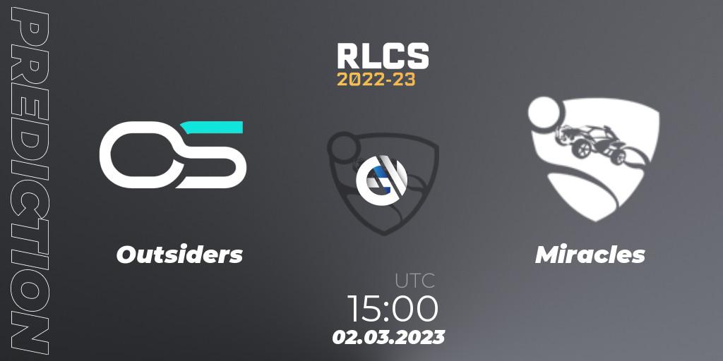 Outsiders contre Miracles : prédiction de match. 02.03.2023 at 15:00. Rocket League, RLCS 2022-23 - Winter: Middle East and North Africa Regional 3 - Winter Invitational