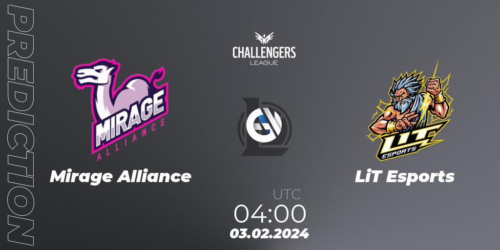 Mirage Alliance contre LiT Esports : prédiction de match. 03.02.24. LoL, NACL 2024 Spring - Group Stage