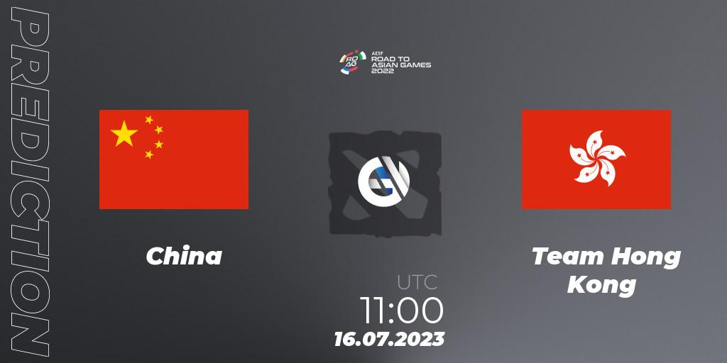 China contre Team Hong Kong : prédiction de match. 16.07.2023 at 11:40. Dota 2, 2022 AESF Road to Asian Games - East Asia