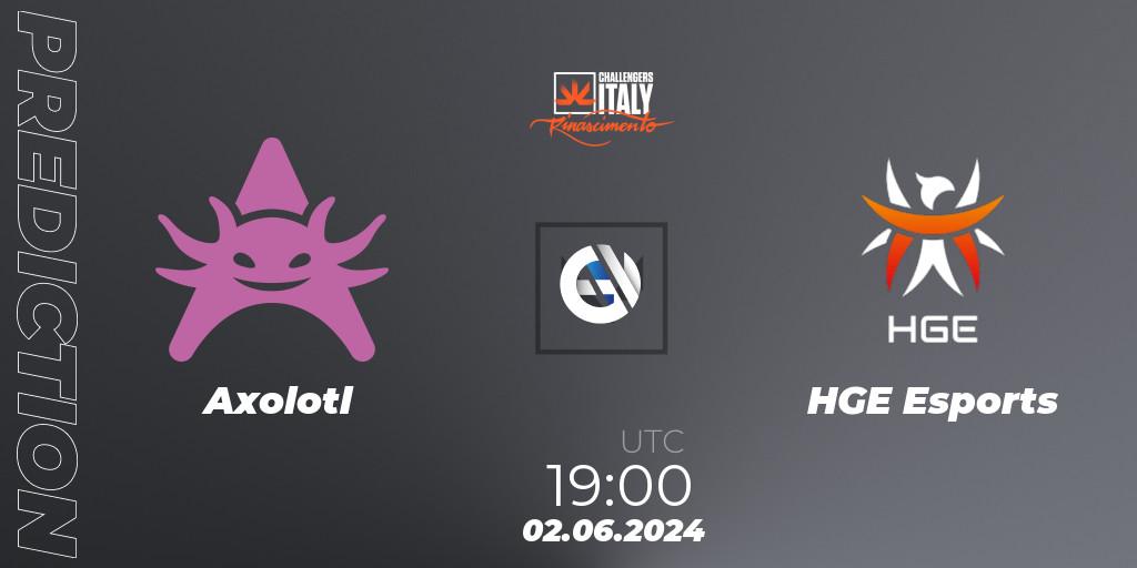 Axolotl contre HGE Esports : prédiction de match. 02.06.2024 at 19:00. VALORANT, VALORANT Challengers 2024 Italy: Rinascimento Split 2