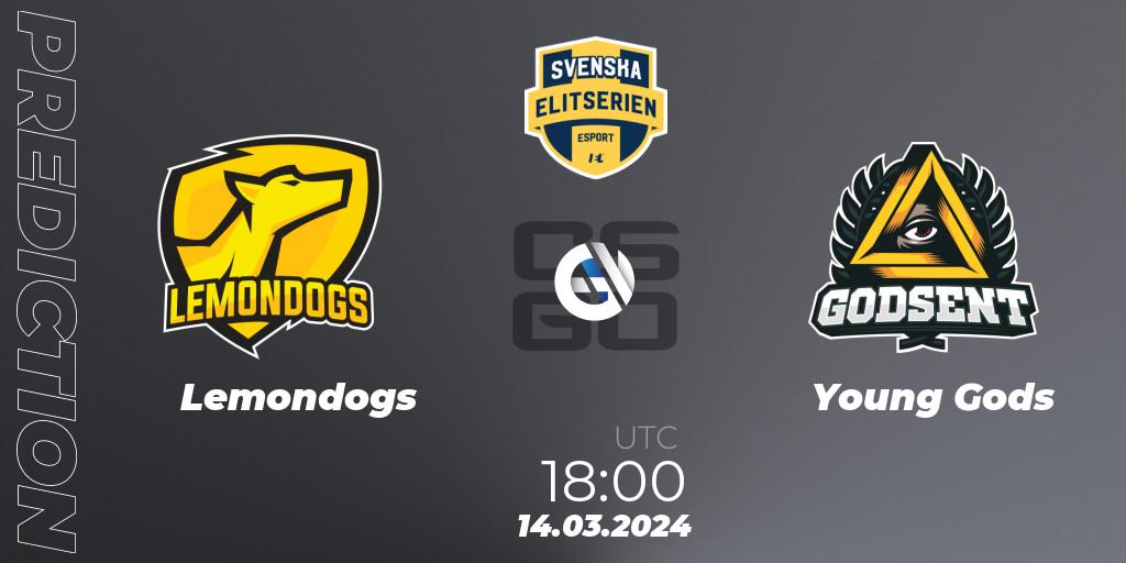 Lemondogs contre Young Gods : prédiction de match. 14.03.2024 at 18:10. Counter-Strike (CS2), Svenska Elitserien Spring 2024