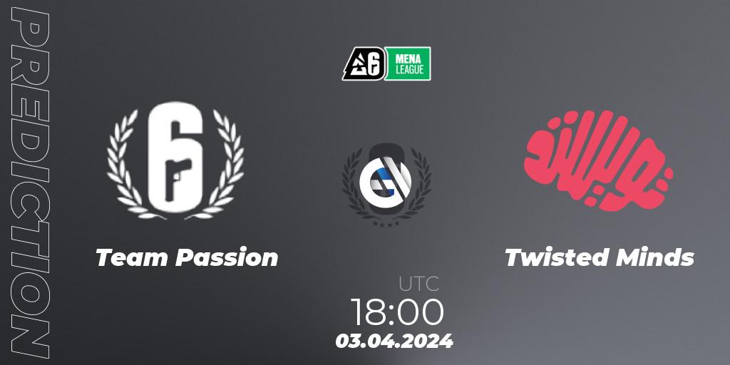 Team Passion contre Twisted Minds : prédiction de match. 03.04.2024 at 18:00. Rainbow Six, MENA League 2024 - Stage 1