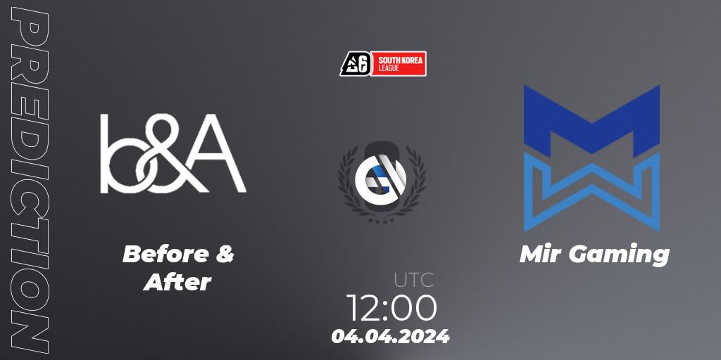 Before & After contre Mir Gaming : prédiction de match. 05.04.2024 at 12:00. Rainbow Six, South Korea League 2024 - Stage 1