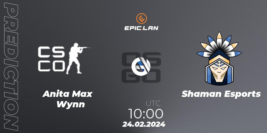 Anita Max Wynn contre Shaman Esports : prédiction de match. 24.02.2024 at 10:00. Counter-Strike (CS2), EPIC.LAN 41