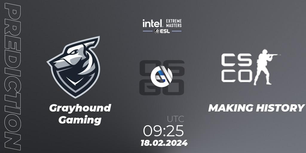 Grayhound Gaming contre MAKING HISTORY : prédiction de match. 18.02.2024 at 09:25. Counter-Strike (CS2), Intel Extreme Masters Dallas 2024: Oceanic Open Qualifier #1
