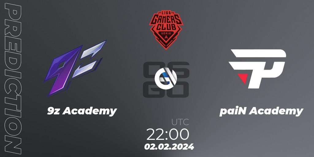 9z Academy contre paiN Academy : prédiction de match. 02.02.2024 at 22:00. Counter-Strike (CS2), Gamers Club Liga Série A: January 2024