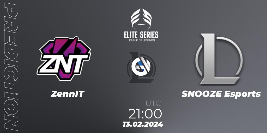 ZennIT contre SNOOZE Esports : prédiction de match. 13.02.2024 at 21:00. LoL, Elite Series Spring 2024