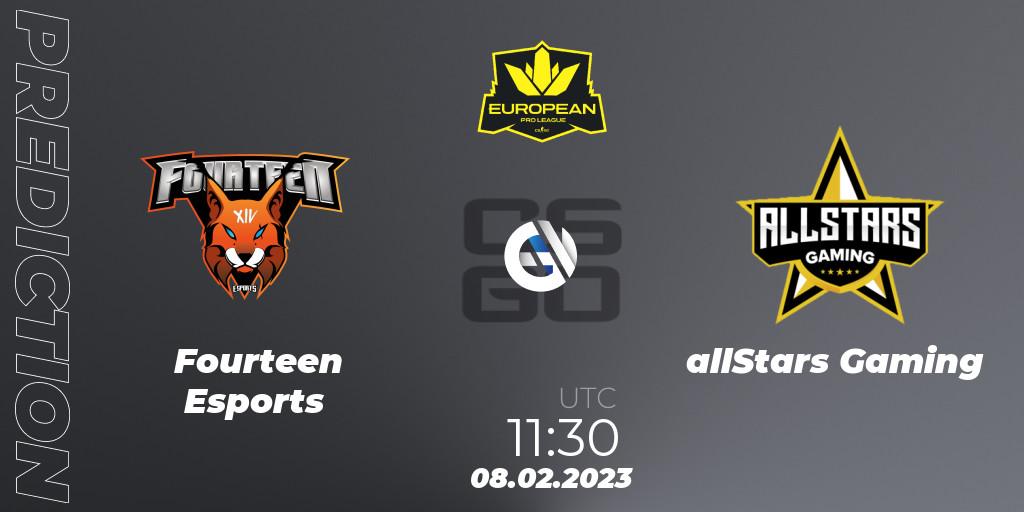 Fourteen Esports contre allStars Gaming : prédiction de match. 08.02.23. CS2 (CS:GO), European Pro League Season 6: Division 2