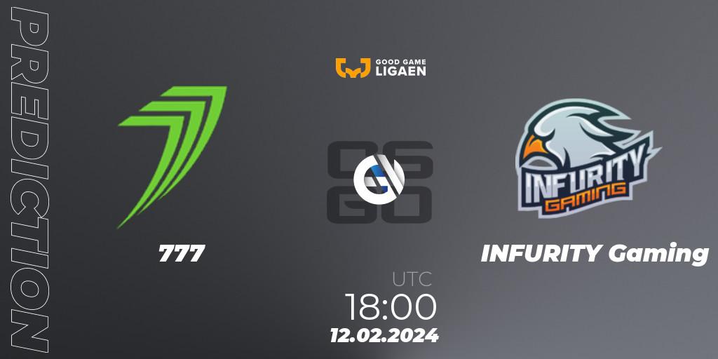 777 contre INFURITY Gaming : prédiction de match. 12.02.2024 at 18:00. Counter-Strike (CS2), Good Game-ligaen Spring 2024