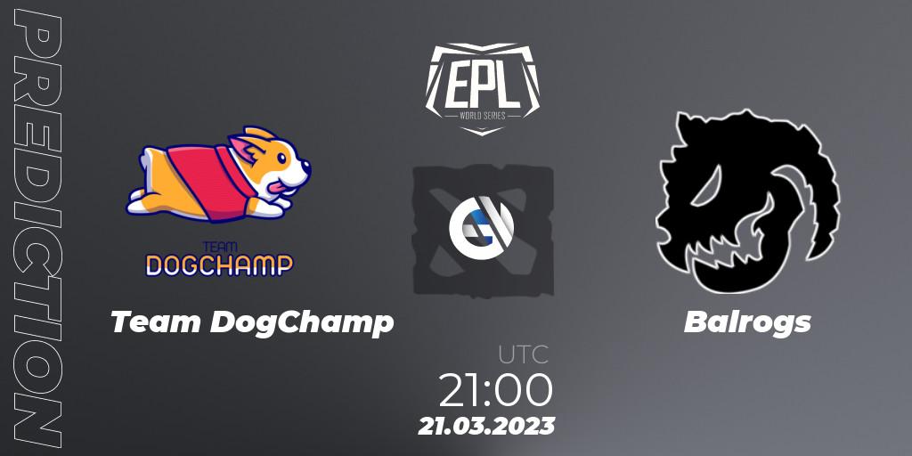Team DogChamp contre Balrogs : prédiction de match. 21.03.2023 at 21:01. Dota 2, European Pro League World Series America Season 4