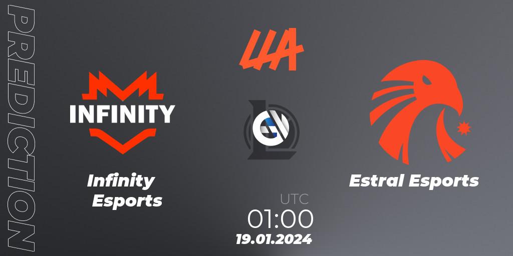 Infinity Esports contre Estral Esports : prédiction de match. 19.01.2024 at 01:00. LoL, LLA 2024 Opening Group Stage