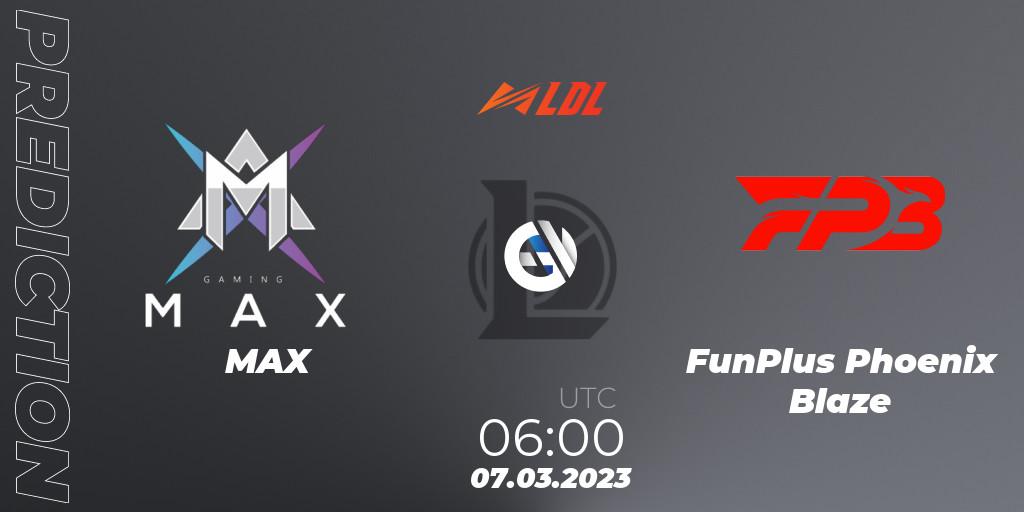 MAX contre FunPlus Phoenix Blaze : prédiction de match. 07.03.2023 at 06:00. LoL, LDL 2023 - Regular Season