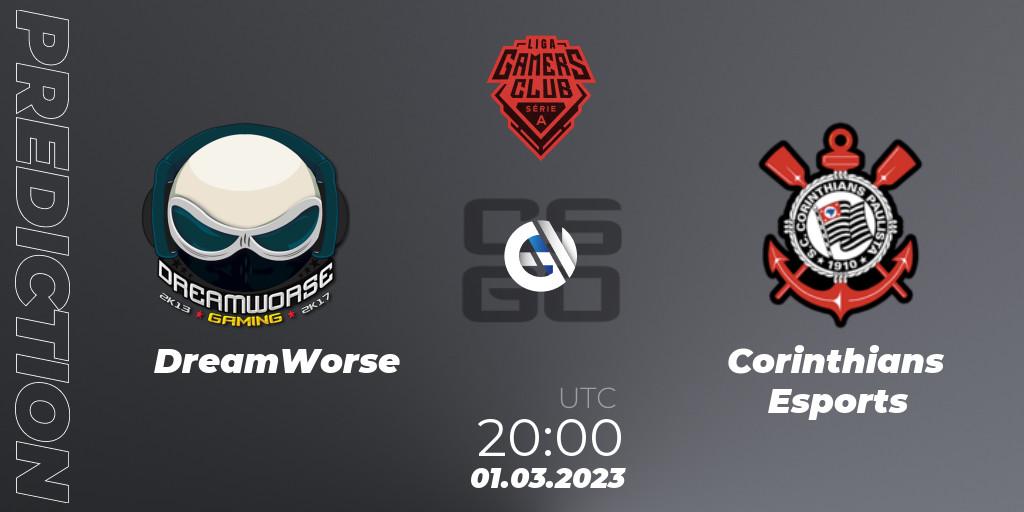 DreamWorse contre Corinthians Esports : prédiction de match. 01.03.2023 at 20:00. Counter-Strike (CS2), Gamers Club Liga Série A: February 2023