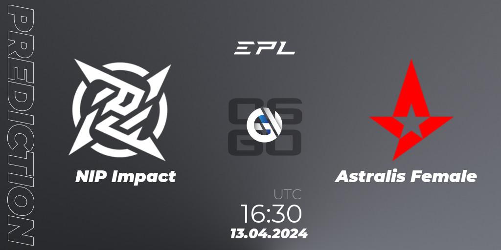 NIP Impact contre Astralis Female : prédiction de match. 13.04.2024 at 16:30. Counter-Strike (CS2), European Pro League Female Season 1