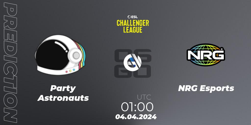 Party Astronauts contre NRG Esports : prédiction de match. 07.05.2024 at 01:00. Counter-Strike (CS2), ESL Challenger League Season 47: North America