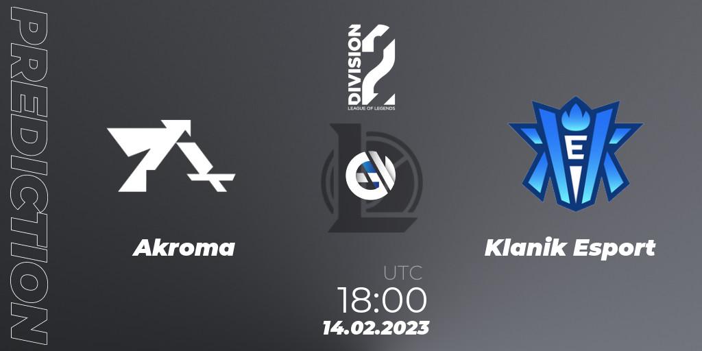 Akroma contre Klanik Esport : prédiction de match. 14.02.2023 at 18:00. LoL, LFL Division 2 Spring 2023 - Group Stage