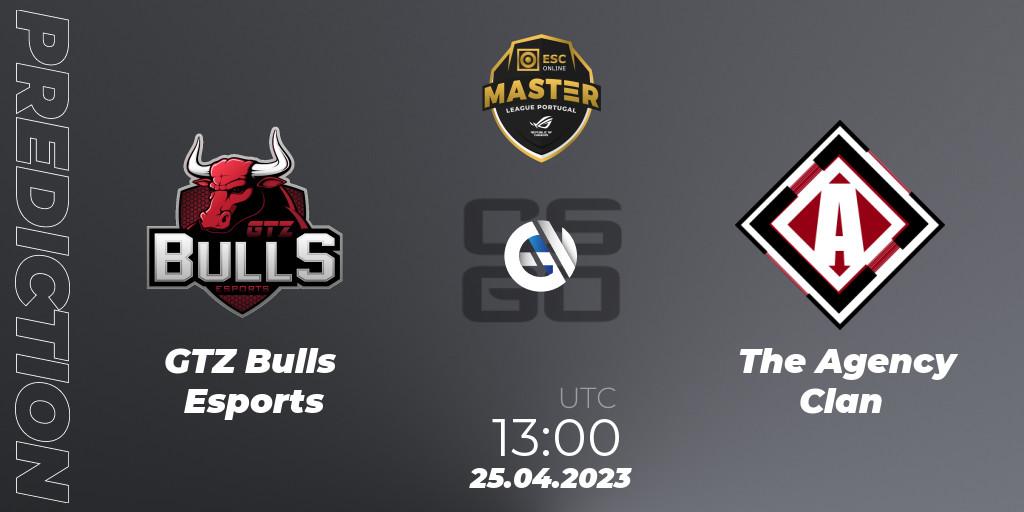 GTZ Bulls Esports contre The Agency Clan : prédiction de match. 25.04.2023 at 13:00. Counter-Strike (CS2), Master League Portugal Season 11: Online Stage