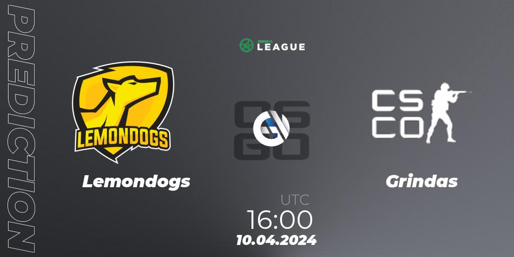 Lemondogs contre Grindas : prédiction de match. 10.04.2024 at 16:00. Counter-Strike (CS2), ESEA Season 49: Advanced Division - Europe