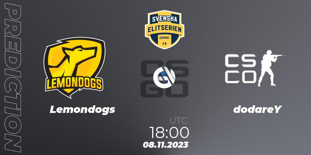 Lemondogs contre dodareY : prédiction de match. 08.11.2023 at 18:00. Counter-Strike (CS2), Svenska Elitserien Fall 2023: Online Stage