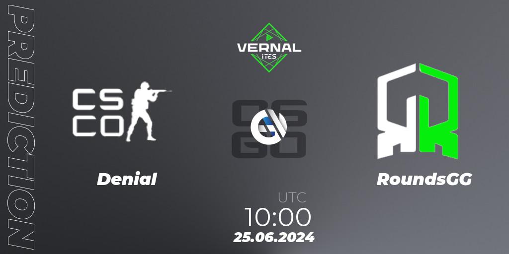 Denial contre RoundsGG : prédiction de match. 25.06.2024 at 10:00. Counter-Strike (CS2), ITES Vernal
