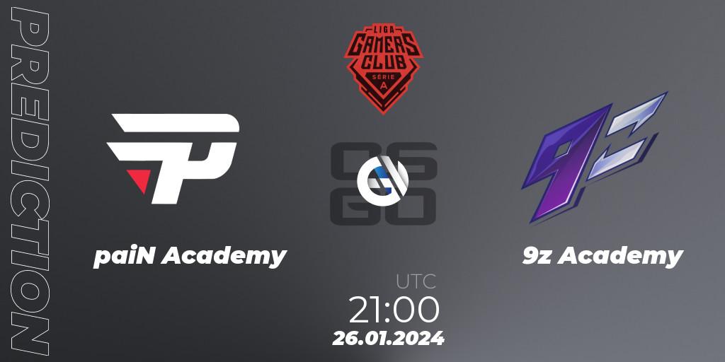 paiN Academy contre 9z Academy : prédiction de match. 26.01.2024 at 23:00. Counter-Strike (CS2), Gamers Club Liga Série A: January 2024