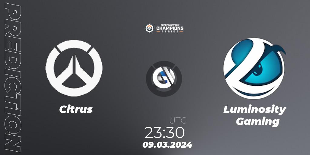 Citrus Nation contre Luminosity Gaming : prédiction de match. 09.03.2024 at 23:30. Overwatch, Overwatch Champions Series 2024 - North America Stage 1 Group Stage