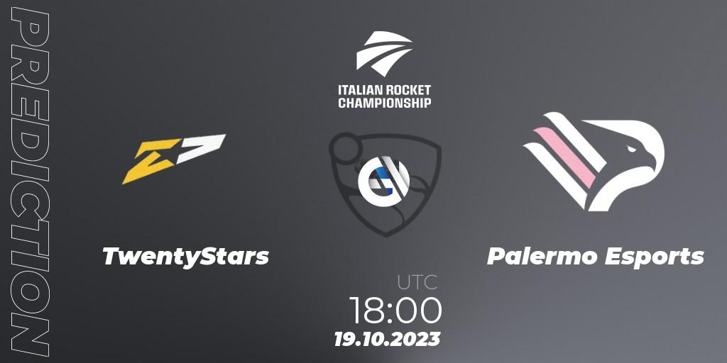 TwentyStars contre Palermo Esports : prédiction de match. 19.10.2023 at 18:00. Rocket League, Italian Rocket Championship Season 11Serie A Relegation