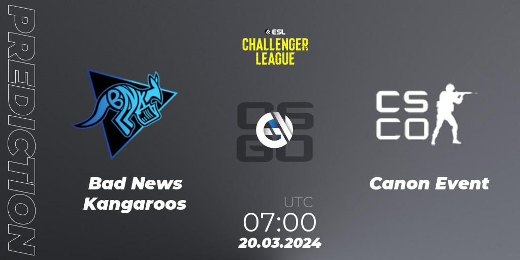 Bad News Kangaroos contre Canon Event : prédiction de match. 20.03.2024 at 07:00. Counter-Strike (CS2), ESL Challenger League Season 47: Oceania