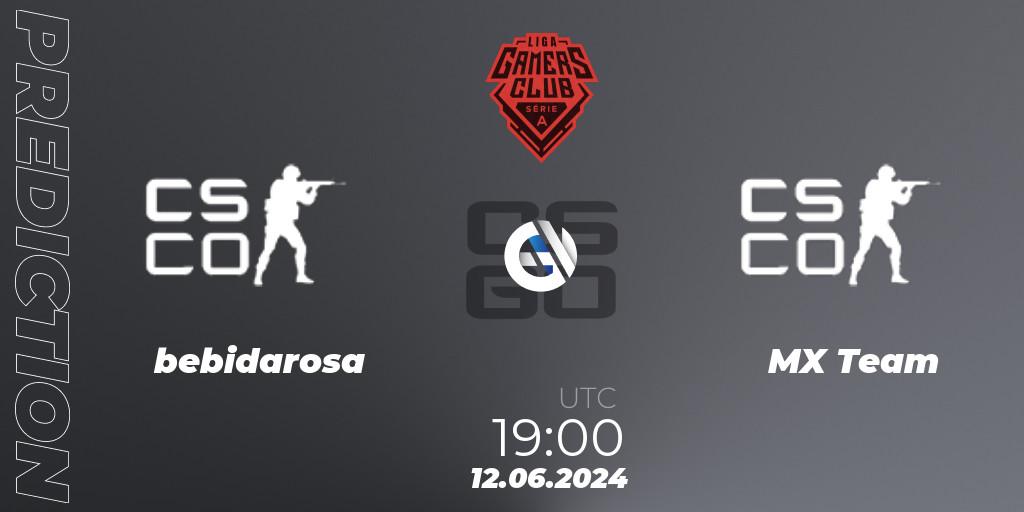 bebidarosa contre MX Team : prédiction de match. 12.06.2024 at 19:00. Counter-Strike (CS2), Gamers Club Liga Série A: June 2024