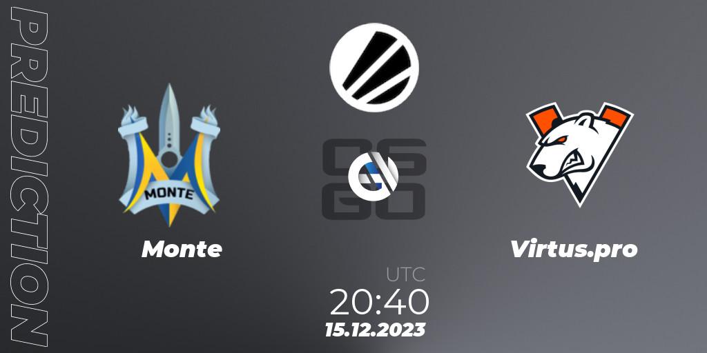 Monte contre Virtus.pro : prédiction de match. 15.12.2023 at 21:40. Counter-Strike (CS2), ESL Challenger Atlanta 2023