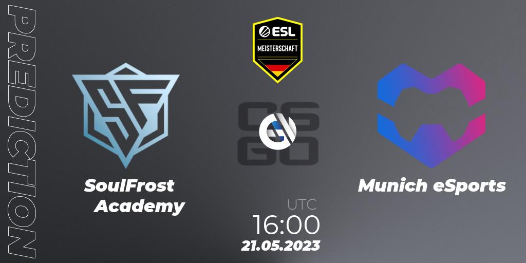 SoulFrost Academy contre Munich eSports : prédiction de match. 21.05.2023 at 18:30. Counter-Strike (CS2), ESL Meisterschaft: Spring 2023 - Division 2