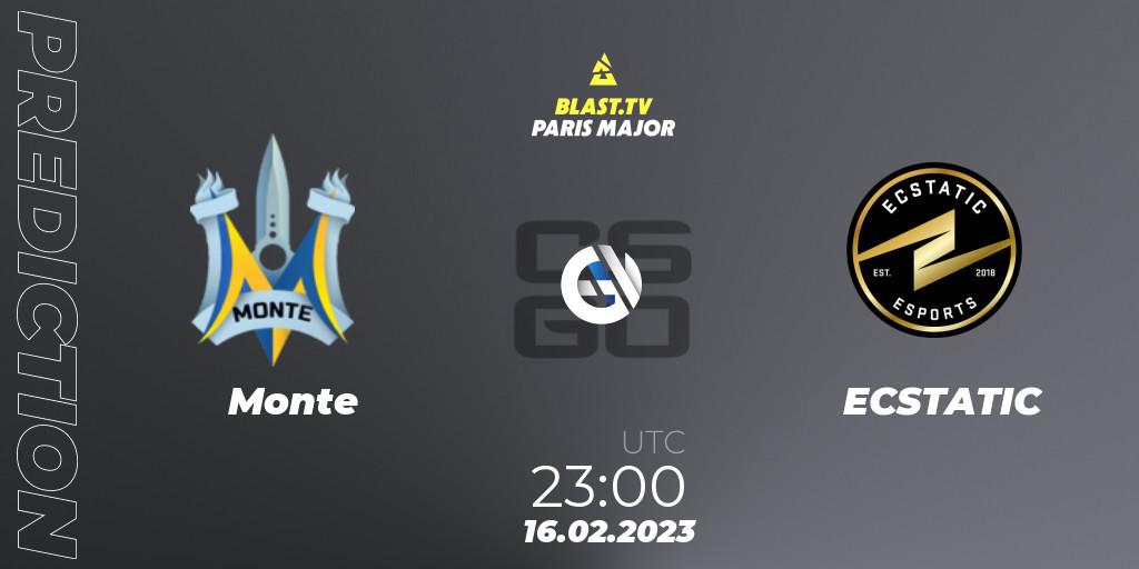 Monte contre ECSTATIC : prédiction de match. 16.02.2023 at 23:00. Counter-Strike (CS2), BLAST.tv Paris Major 2023 Europe RMR Closed Qualifier B
