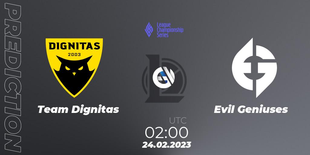 Team Dignitas contre Evil Geniuses : prédiction de match. 24.02.2023 at 02:00. LoL, LCS Spring 2023 - Group Stage