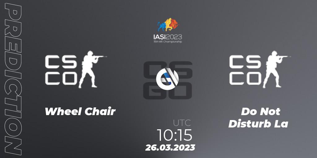 Wheel Chair Gaming contre Do Not Disturb La : prédiction de match. 26.03.2023 at 11:50. Counter-Strike (CS2), IESF World Esports Championship 2023: Hong Kong Qualifier