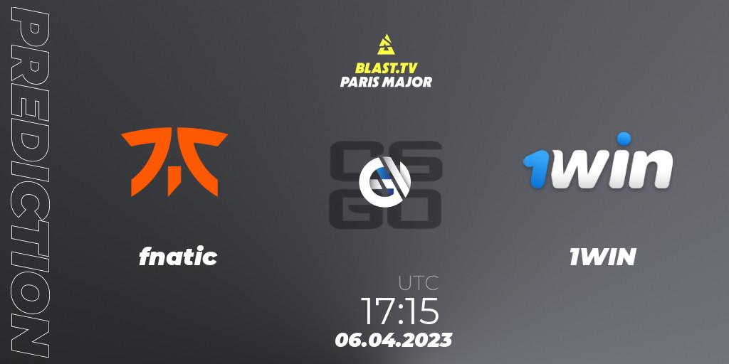fnatic contre 1WIN : prédiction de match. 06.04.2023 at 16:45. Counter-Strike (CS2), BLAST.tv Paris Major 2023 Europe RMR A