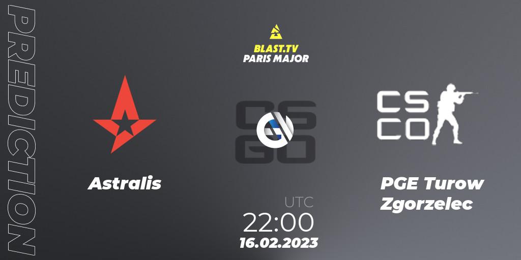 Astralis contre PGE Turow Zgorzelec : prédiction de match. 16.02.2023 at 22:00. Counter-Strike (CS2), BLAST.tv Paris Major 2023 Europe RMR Closed Qualifier A