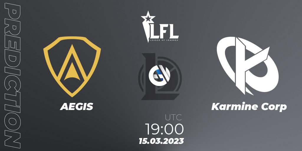 AEGIS contre Karmine Corp : prédiction de match. 15.03.2023 at 19:00. LoL, LFL Spring 2023 - Group Stage