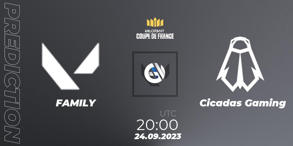 FAMILY contre Cicadas Gaming : prédiction de match. 24.09.2023 at 20:15. VALORANT, VCL France: Revolution - Coupe De France 2023
