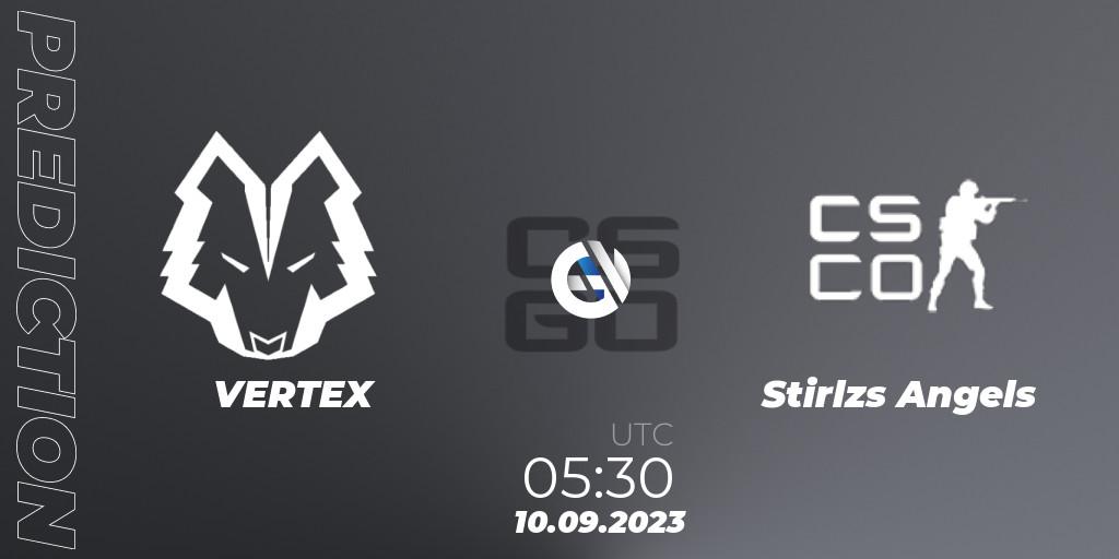 VERTEX contre Stirlzs Angels : prédiction de match. 10.09.2023 at 05:30. Counter-Strike (CS2), CCT Oceania Series #1