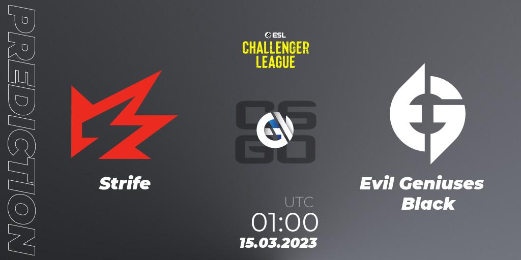 Strife contre Evil Geniuses Black : prédiction de match. 15.03.2023 at 00:00. Counter-Strike (CS2), ESL Challenger League Season 44: North America