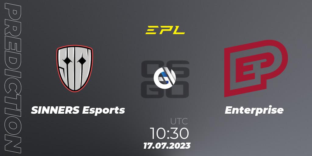 SINNERS Esports contre Enterprise : prédiction de match. 17.07.2023 at 10:00. Counter-Strike (CS2), European Pro League Season 9